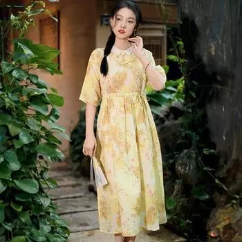 Женские бандажные платья Johnature в китайском стиле с отложным воротником, летние винтажные платья трапециевидной формы с цветочным принтом и пуговицами M зелёный