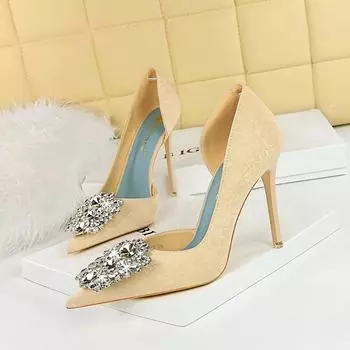 Женские банкетные туфли на высоком каблуке, на тонком каблуке, с острым носком и с острым носком по бокам, с полыми водяными бриллиантами, одинарные туфли 34 абрикосовый