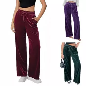 Женские бархатные брюки с завязками на талии, широкие брюки для бега, повседневные брюки L темно-зеленого