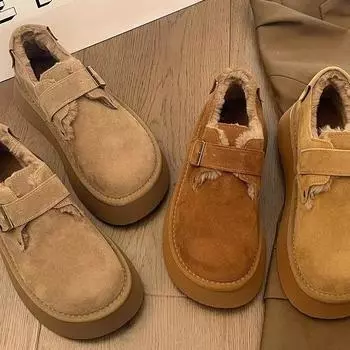 Женские бархатные хлопковые туфли на толстой подошве осень-зима 2024 женская обувь плоская обувь пушистая обувь на одну ногу снег 35 коричневый