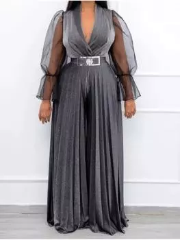 Женские бархатные комбинезоны больших размеров, прозрачные плиссированные широкие брюки с длинными рукавами, цельная одежда, винтажные элегантные вечерние комбинезоны L красный