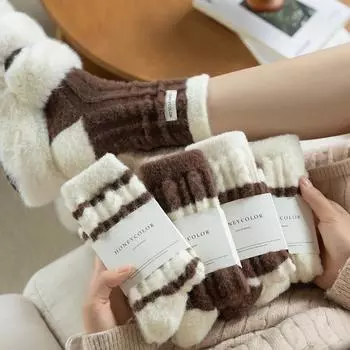 Женские бархатные носки в кофейную полоску — толстые, мягкие, средней длины, для осени/зимы 1 Pair (One Size 35-40)