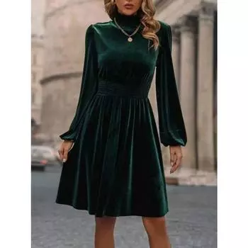 Женские бархатные платья с рукавами-фонариками на осень и зиму S зелёный