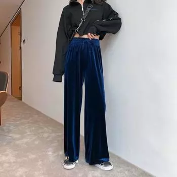 Женские бархатные широкие брюки с высокой талией, свободные удобные повседневные спортивные прямые брюки, весенне-осенние винтажные Y2k S синий