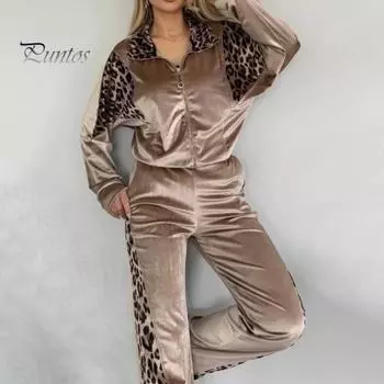 Женские бархатные спортивные костюмы с леопардовым принтом, состоящий из двух частей, для отдыха, толстовка на молнии и спортивные штаны с карманами M хаки