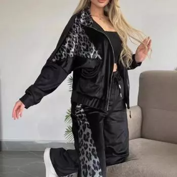 Женские бархатные спортивные костюмы с леопардовым принтом, комплект из двух частей для отдыха, толстовка на молнии S серый