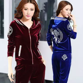 Женские бархатные спортивные костюмы, весенняя куртка с капюшоном + брюки, два комплекта, бархатный спортивный костюм, комплект больших размеров, женские брюки XXXL синий