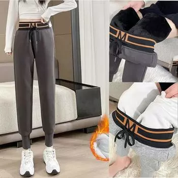 Женские бархатные спортивные штаны с высокой талией, осенне-зимние, утолщенные, женские, модные, теплые, спортивные штаны Darwing S чёрный