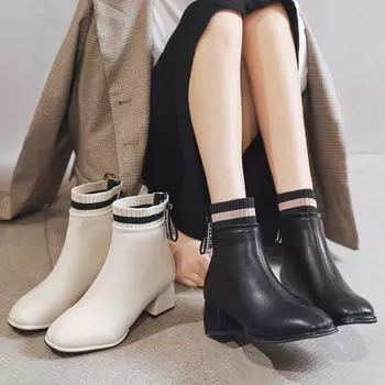Женские бархатные теплые модные сапоги Модные пряжа Молния сзади Высокие кожаные сапоги на каблуке Повседневная женская обувь 35 белый