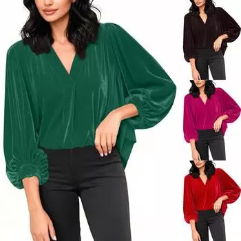 Женские бархатные топы с V-образным вырезом и рукавами-фонариками 3/4, модные нарядные повседневные свободные рубашки для рождественской вечеринки и праздника L чёрный