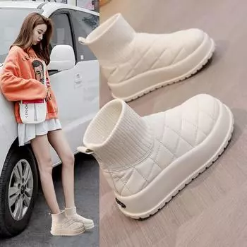 Женские бархатные утолщенные водонепроницаемые и противоскользящие короткие сапоги 35 бежевый