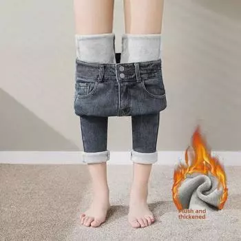 «Женские бархатные узкие джинсы с высокой талией»: Подтягивающие бедра, теплые сине-серые брюки-карандаш для осени/зимы. 31