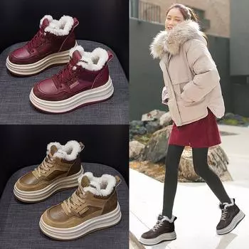 Женские бархатные зимние ботинки на толстой подошве 2024: Универсальная, повседневная, увеличивающая рост и теплая спортивная обувь Size 40, Model M2676 хаки