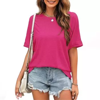 Женские базовые футболки с короткими рукавами и изогнутым краем, летние топы, облегающие футболки, одежда L горячий розовый