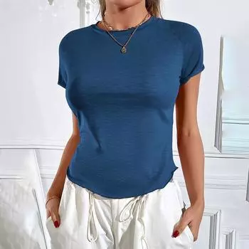 Женские базовые футболки с круглым вырезом и короткими рукавами с изогнутым краем, летние топы, облегающие футболки, одежда L