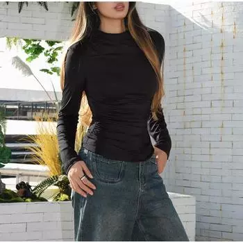 Женские базовые футболки, винтажные футболки 2025 года, весна-осень, сексуальные топы, теплая блузка, повседневные пуловеры с длинным рукавом S абрикосовый