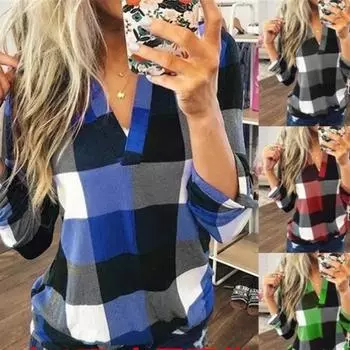 Женские базовые повседневные топы с V-образным вырезом и клетчатым принтом из хлопка с манжетами и длинным рукавом, рабочие топы, блузки, рубашки 2025 года, новая весенне-осенняя повседневная футболка, блузка S синий