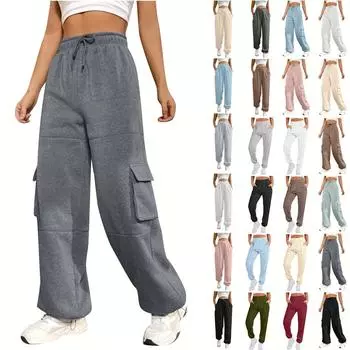 Женские базовые спортивные брюки с эластичной резинкой на талии и несколькими карманами, спортивные прямые брюки L бежевый