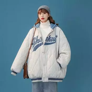 Женские бейсбольные куртки с капюшоном, осенне-зимняя хлопковая стеганая куртка с буквенным принтом, свободные повседневные толстовки M чёрный