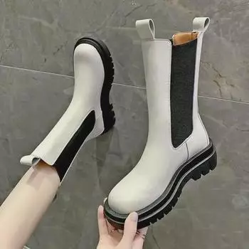 Женские белые ботинки челси 2024 года с толстой подошвой и средней высотой голенища 40