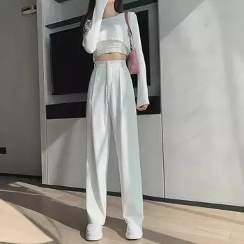 Женские белые брюки широкого кроя с высокой талией — тренд весны/лета, свободный крой, прямые штанины, легкий и струящийся фасон. M чёрный