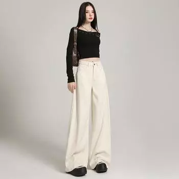 Женские белые джинсы с широкими штанинами и высокой талией, с драпировкой — свободный покрой в корейском стиле на осень Medium