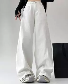Женские белые джинсы с высокой талией и широкими штанинами, свободные, утягивающие, прямые, джинсовые брюки, повседневный стиль для весны и осени S белый