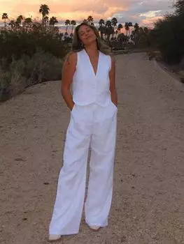Женские белые хлопковые свободные комплекты брюк, летние однобортные жилеты без рукавов с v-образным вырезом и застежками-молниями в стиле ампир, длинные широкие брюки со складками S белый