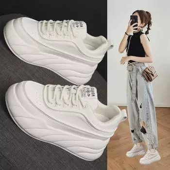 Женские белые кожаные кроссовки на толстой подошве и платформе 2024 года — универсальные, визуально увеличивающие рост, повседневный корейский стиль для осени и зимы. 38 белый