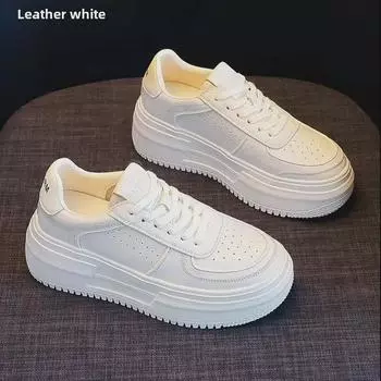 Женские белые кожаные туфли на толстой подошве 2025 года — удобная повседневная обувь на весну/лето, модная весна и осень. 36 чёрный