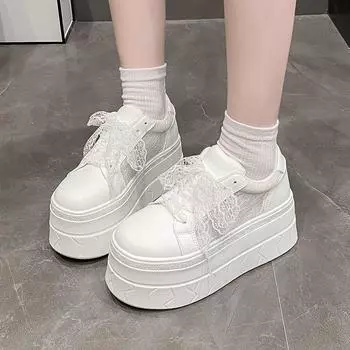 Женские белые кроссовки из натуральной кожи/кружевной сетки на плоской подошве, летние, с круглым носком, на платформе, толщиной 7,5 см, со шнуровкой 34