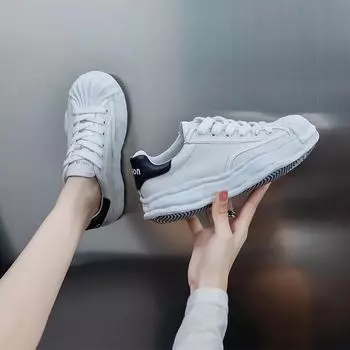 Женские белые кроссовки-ракушки из натуральной кожи, осень 2024 г.: Толстая подошва, увеличивающая высоту голенища, дышащая повседневная спортивная обувь. 35 чёрный