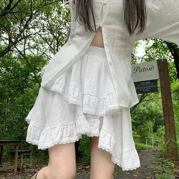 Женские белые мини-юбки с кружевом в стиле пэчворк, милые девушки, корейский стиль, оборки, уличная одежда, юбки с высокой талией S белый