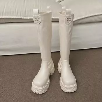 Женские белые модные сапоги на высоком каблуке 2024 года: Коллекция осень/зима, высокое качество, длина до колена, доступны маленькие размеры 36 бежевый