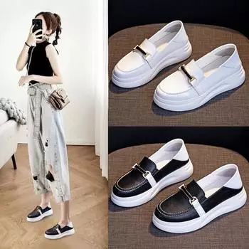 Женские белые мокасины из натуральной кожи без застежек - коллекция весны 2025 г., толстая подошва, повседневные, визуально увеличивающие рост, двусторонние. 34 чёрный