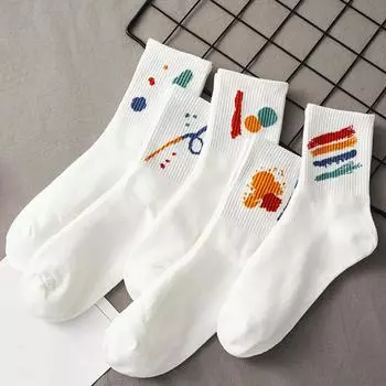 Женские белые носки, комплект из 5 пар спортивных носков, милые радужные носки в стиле аниме, хлопковые Y2k Kawaii, консервативный стиль Harajuku, мода