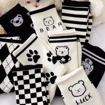 Женские белые носки, милые носки с рисунком аниме, хлопковые забавные носки в клетку с медведем Y2k, носки в стиле Харадзюку с принтом лап для девочек One Size