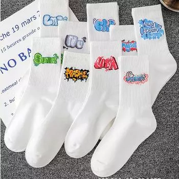 Женские белые носки с надписями, спортивные носки, хлопковые Y2k, милые аниме-носки с принтом, 5 пар One Size
