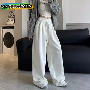 Женские белые повседневные брюки, брюки-карго с высокой талией, спортивные брюки-карго с завязками, мешковатые, широкие брюки для женщин, уличные спортивные брюки S тёмно-синий