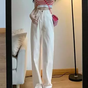 Женские белые прямые джинсы с высокой талией — корейский стиль, облегающий крой, свободные брюки для уборки на весну и лето Extra Large (XL)