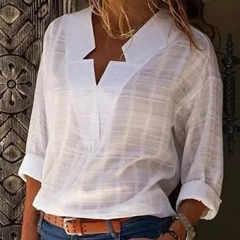 Женские белые розовые однотонные блузки больших размеров на весну и осень, свободные топы с длинными рукавами и V-образным вырезом нестандартной формы S серый