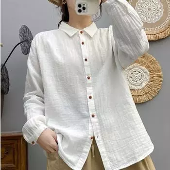 Женские белые рубашки, блузки из двойной хлопчатобумажной пряжи, цветные пуговицы с длинными рукавами, женские топы, женская одежда, весенние новые поступления 2024 г. M белый