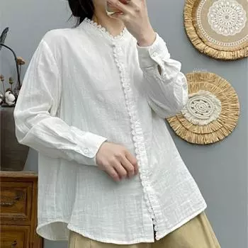 Женские белые рубашки, кружевные блузки с воротником-стойкой, мягкие свободные женские топы из двойной хлопчатобумажной пряжи с длинными рукавами, весна 2024, новые поступления One Size белый