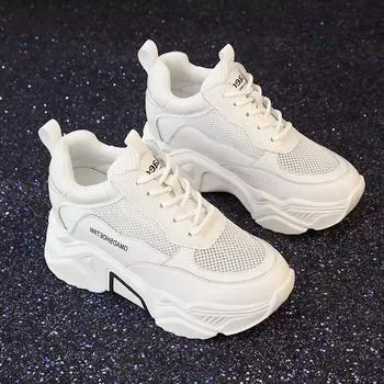 Женские белые сетчатые кроссовки высотой 8 см — дышащие, на толстой подошве, всесезонные туфли для пап Size 35