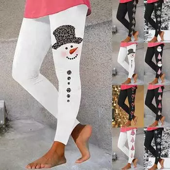 Женские белые снеговики с принтами эластичных леггинсов для йоги, фитнеса, бега в тренажерном зале, спортивные брюки для активного отдыха XS чёрный