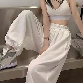 Женские белые спортивные штаны для бега, корейские модные спортивные штаны, повседневные широкие брюки в стиле Харадзюку, брюки длиной до щиколотки XXL белый