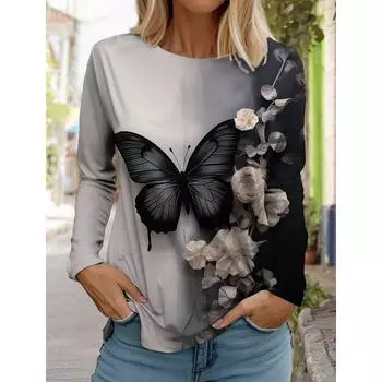 Женские белые топы с длинными рукавами, повседневные топы с круглым вырезом, 3D-принт с принтом в виде бабочки, женская модная футболка с длинными рукавами S