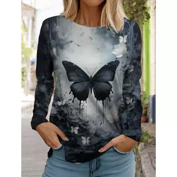 Женские белые топы с длинными рукавами, повседневные топы с круглым вырезом, 3D-принт с принтом в виде бабочки, женская модная футболка с длинными рукавами XS