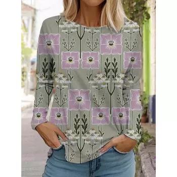 Женские белые топы с длинными рукавами, повседневные топы с круглым вырезом, 3D-принт с цветами, модный трендовый принт, женская футболка с длинными рукавами S