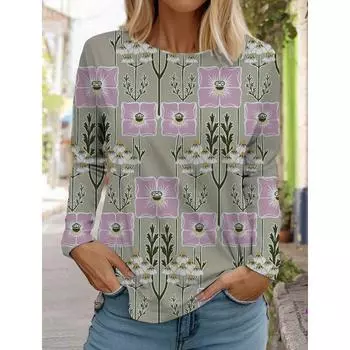 Женские белые топы с длинными рукавами, повседневные топы с круглым вырезом, 3D-принт с цветами, модный трендовый принт, женская футболка с длинными рукавами S